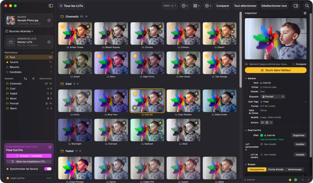La fenêtre bibliothèque de Look Lut sur un MacBook, une grille de vignettes de LUT calculées sur une seule image