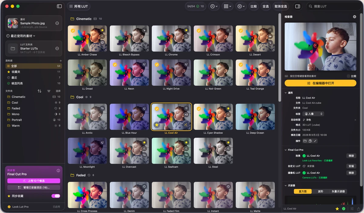 MacBook 上打开的 Look Lut 资源库窗口，同一帧画面上的 LUT 缩略图排成网格